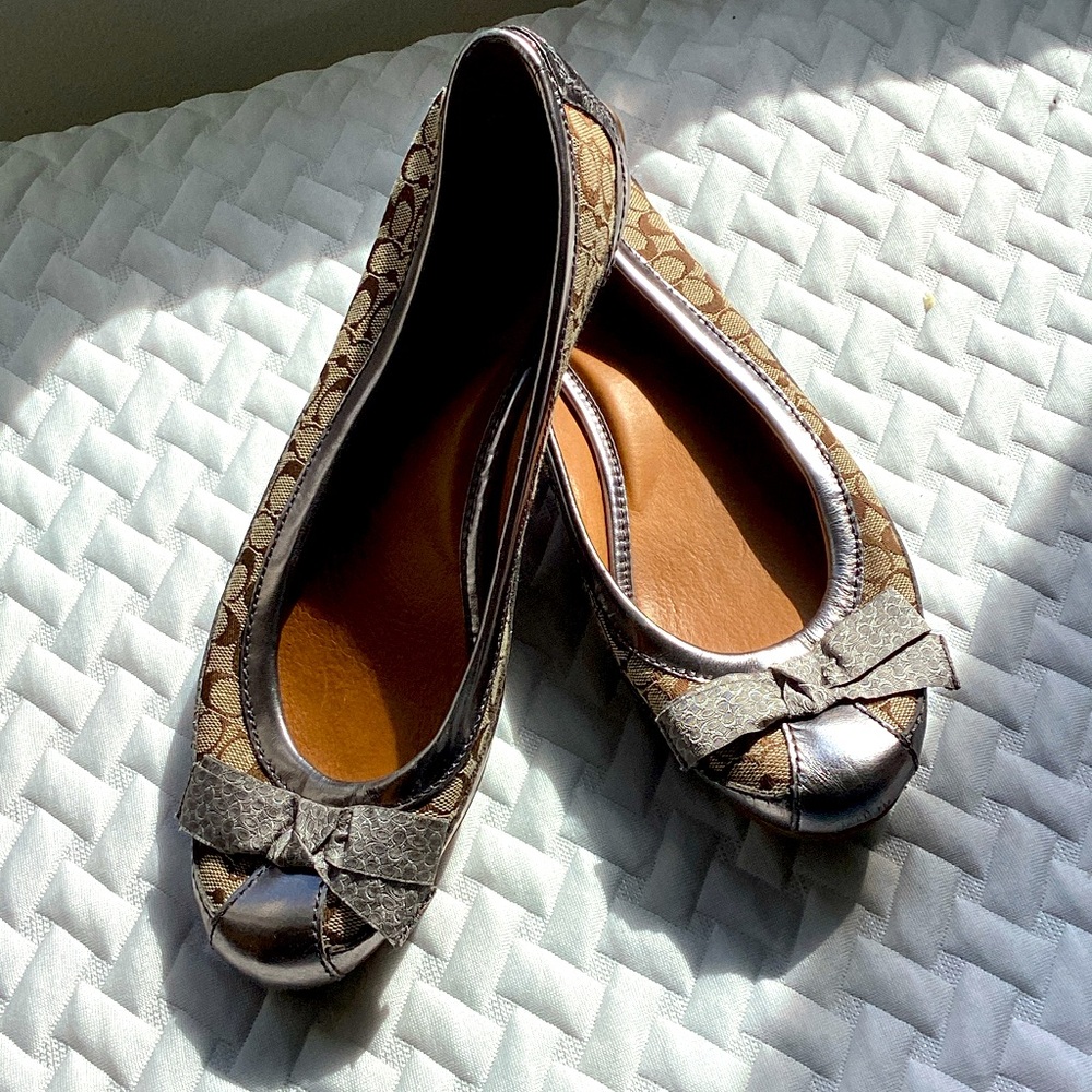 Coach Brown and Silver Flats with Bow Detail~ Size 10